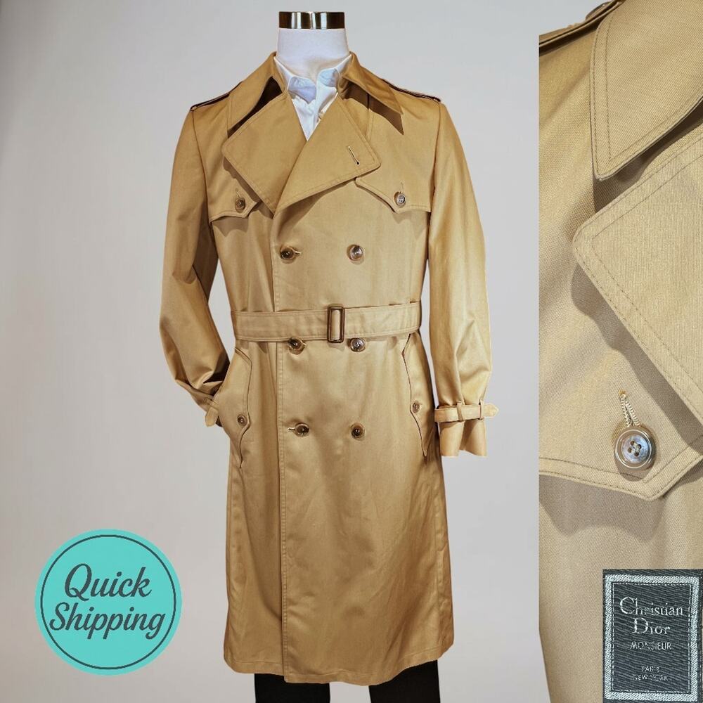 Vtg Christian Dior Monsieur 40L Khaki Trench Coat Canvas Double Breasted 90s